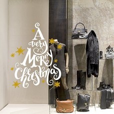 NT0354 Adesivi Murali Vetrofania natalizia - Albero Merry Christmas - Misure 68x84 cm - bianco e oro - Vetrine negozi per Natale, stickers, adesivi