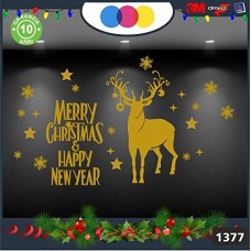 Vetrofanie natalizie e decorazioni di natale - SCRITTA MERRY CHRISTMAS - HAPPY NEW YEAR E RENNA\ COLORE:ORO - DECORAZIONI NATALIZIE XMAS - STICKERS , decal ,addobbi , natale , christmas Cod 1377-2